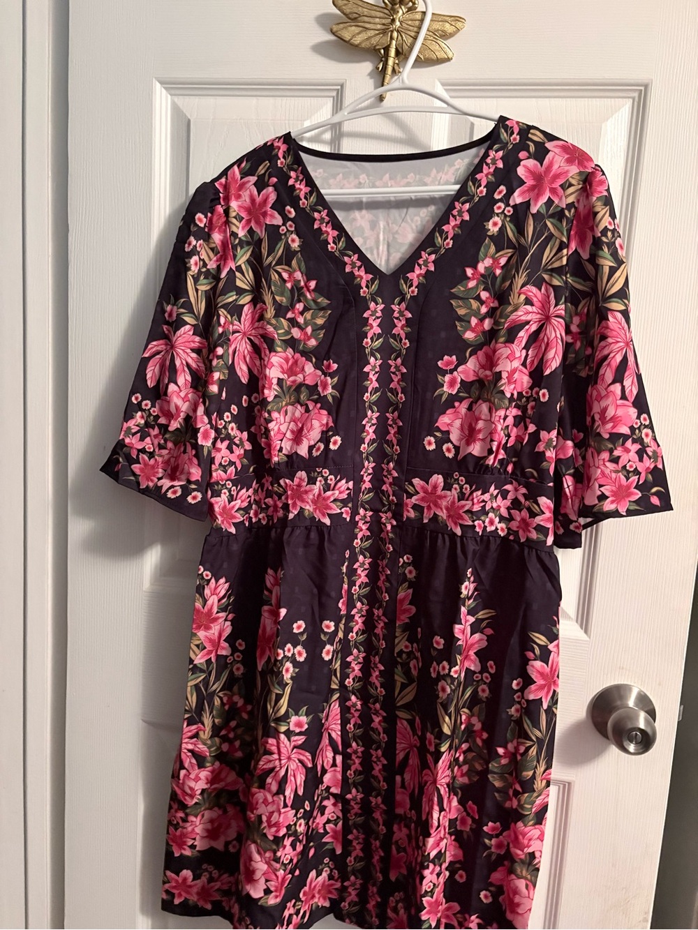 Black Floral V-Neck Dress with Pink Flowers